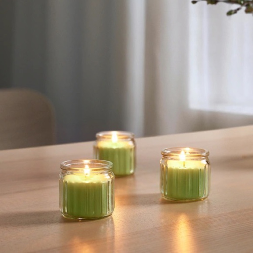 2 LÖVSKOGSLUND Scented candle in glass, apple, 12 hr